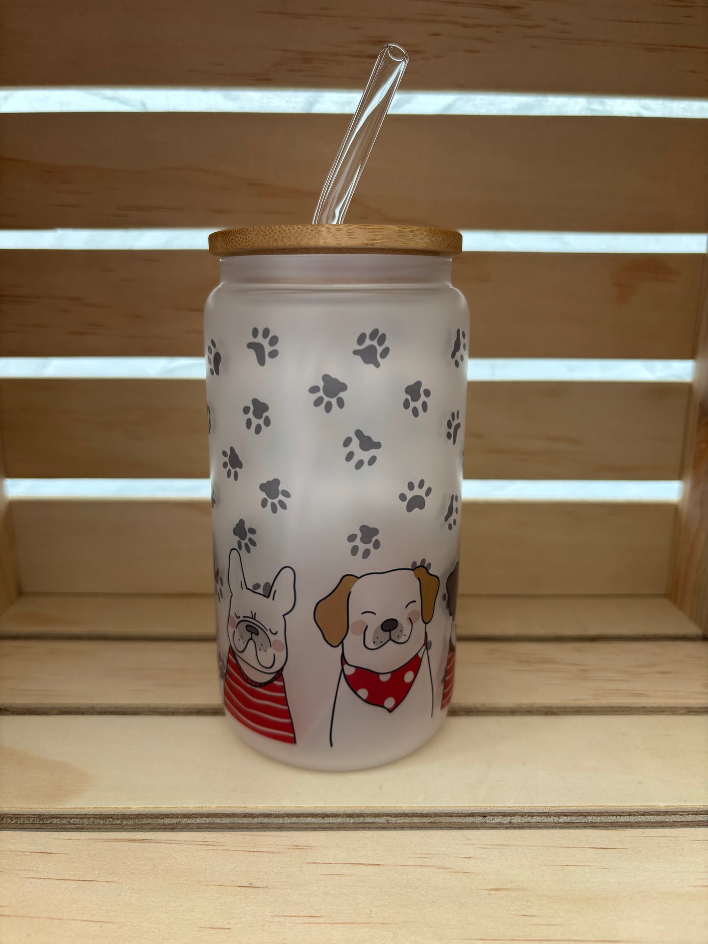 Happy Dogs Frosted Glass with Lid & Straw