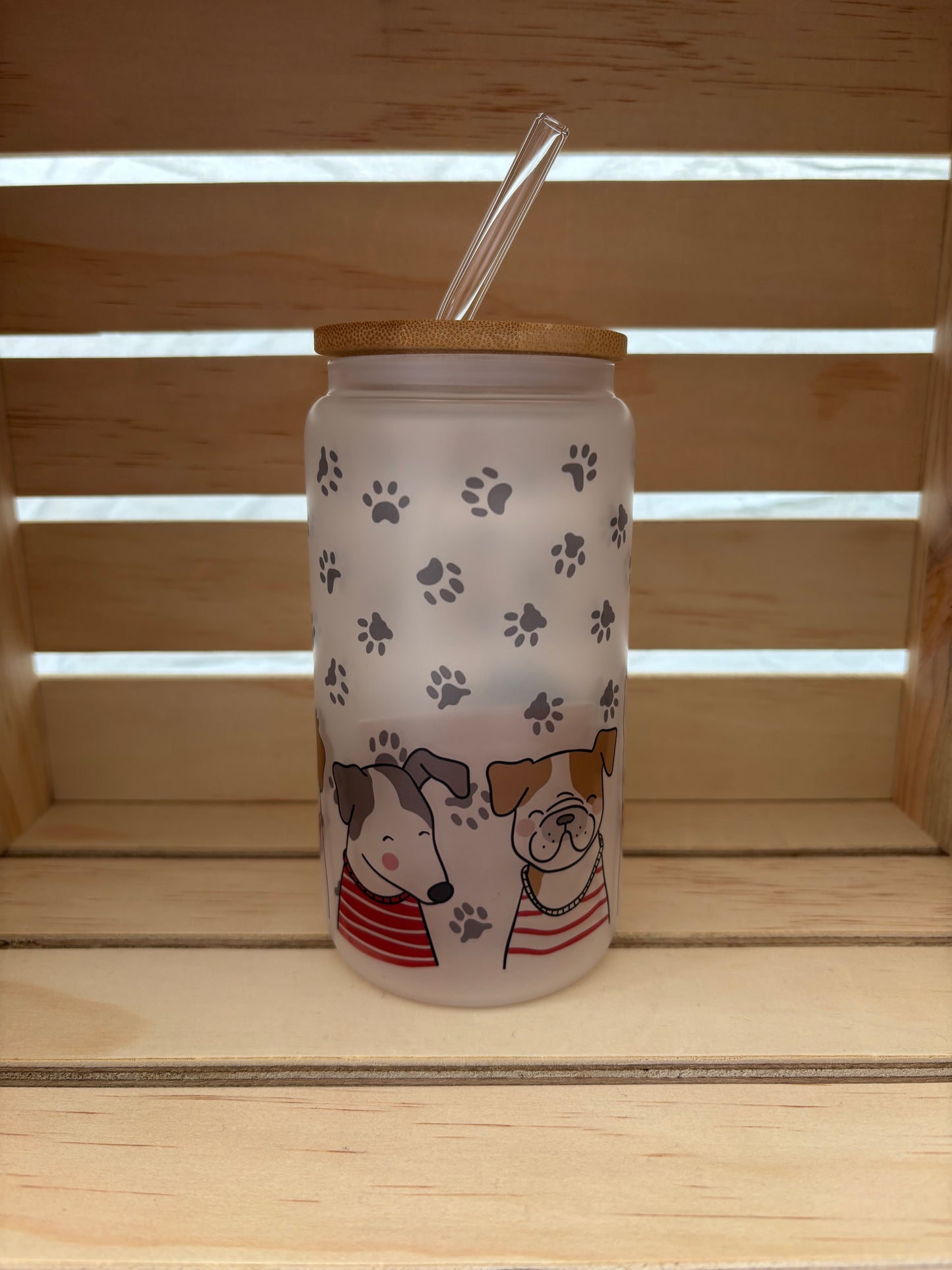 Happy Dogs Frosted Glass with Lid & Straw