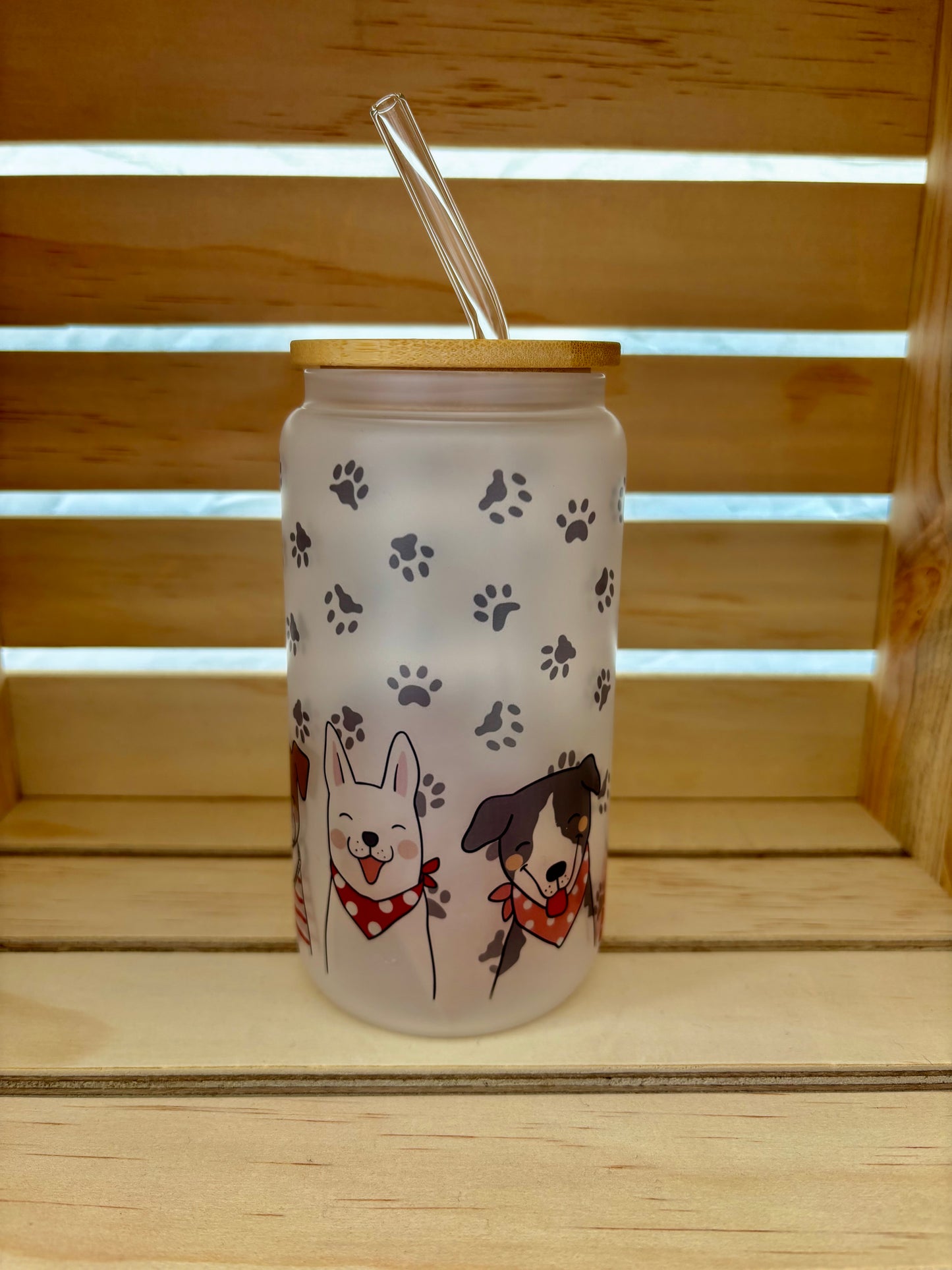 Happy Dogs Frosted Glass with Lid & Straw