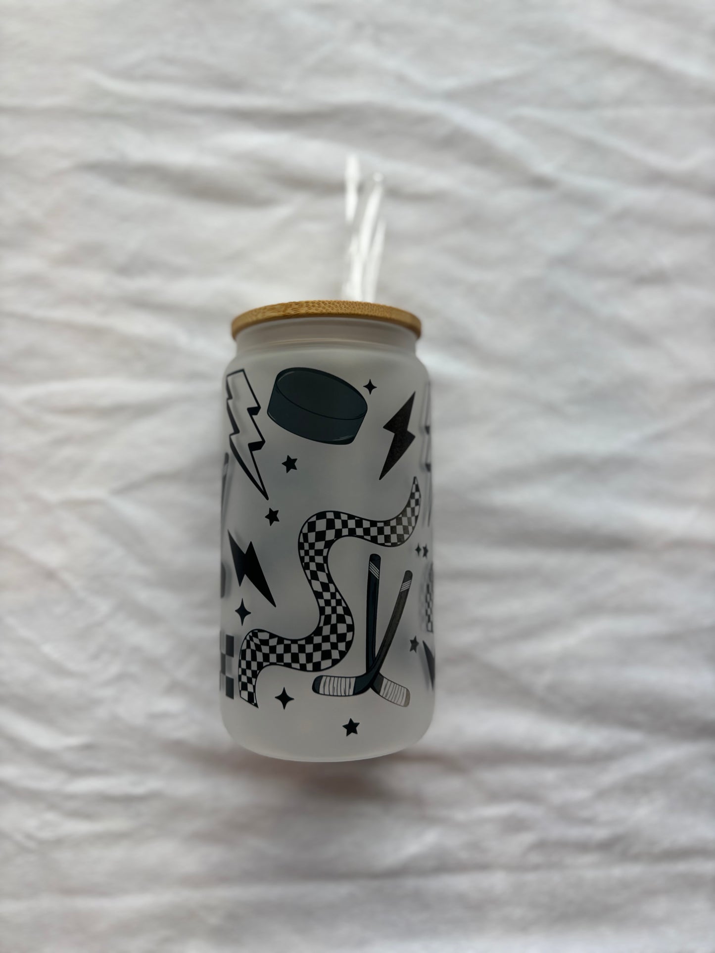 Hockey Game Day Frosted Glass with Lid & Straw