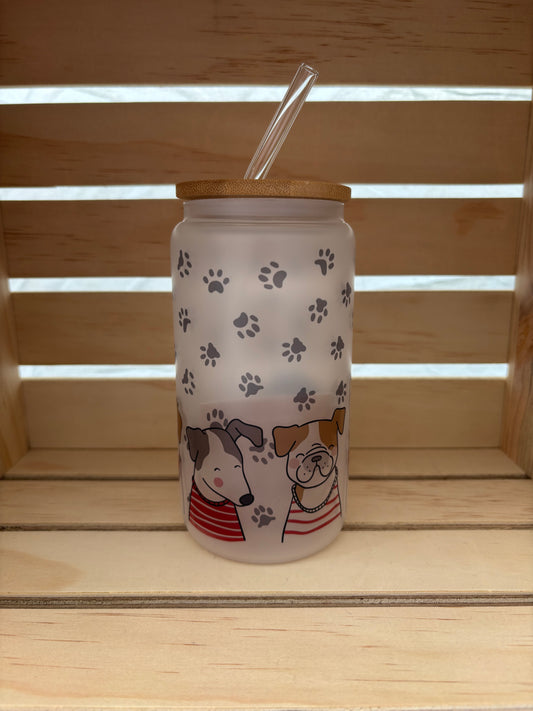 Happy Dogs Frosted Glass with Lid & Straw