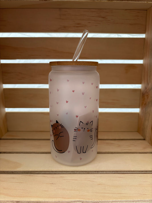 Cat Potato Frosted Glass with Lid & Straw