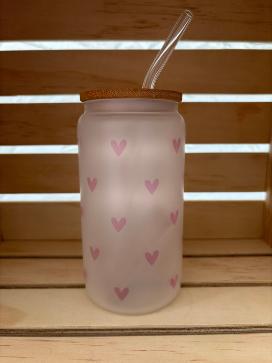 Pink Heart Frosted Glass with Lid & Straw