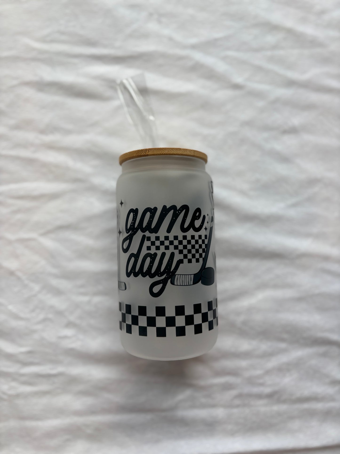 Hockey Game Day Frosted Glass with Lid & Straw