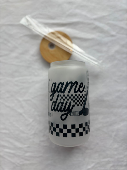 Hockey Game Day Frosted Glass with Lid & Straw