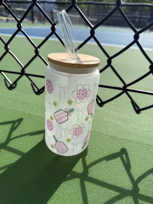 Pickleball Frosted Glass with Lid & Straw