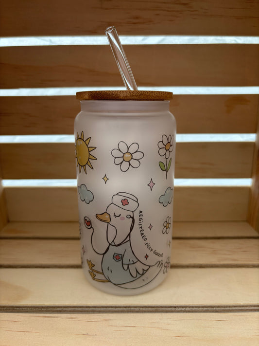 Registered Silly Goose Frosted Glass with Lid & Straw