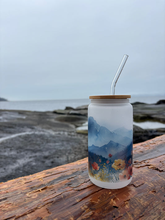 Mountain Wildflower Frosted Glass with Lid & Straw